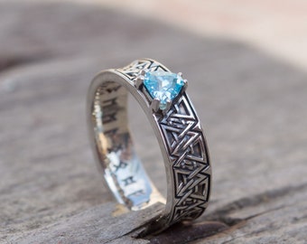 Valknut Symbol Wedding Ring - Ancient Viking-inspired Ornament Jewelry with Blue Cubic Zirconia Gemstone