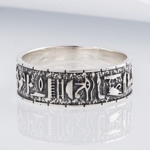 Handcrafted Egyptian Style Ring with Ancient Hieroglyphs, Egypt Mythology Ring, Sterling Silver Historical Ring, Unique Gift for Him