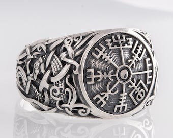 Silver Vegvisir Ring - Viking Jewelry with Norse Runic Compass and Mammen Style Pattern Handcrafted Viking Compass Ring for Men and Women