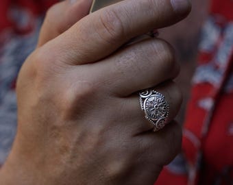 Personalized silver signet compass ring, custom men Nordic jewelry, Viking wedding ring, Christmas gift him, brother gift idea