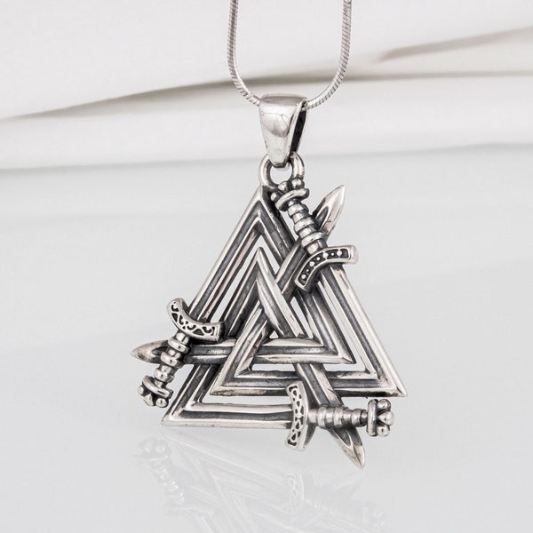 Silver Valknut Necklace - Viking Sword Pendant with Ancient Norse Weapon Handcrafted Warriors Jewelry Inspired by Bravery