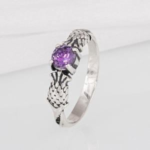 Silver Thistle Ring - Handcrafted Scottish Wedding Ring featuring Prickly Thistle and Purple Gemstone a Nature Inspired Floral Jewelry
