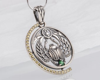 Scarabaeus Necklace, Egyptian Silver Pendant, Necklace with Scarabaeus Sacer and Gems, Egyptian Symbol, Handmade Egyptian Jewelry
