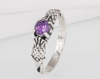 Silver Thistle Ring - Handcrafted Scottish Wedding Ring featuring Prickly Thistle and Purple Gemstone a Nature Inspired Floral Jewelry