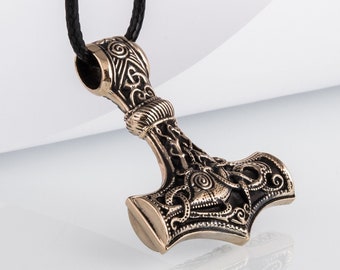 Bronze Mjolnir Necklace - Real Viking Necklace with Authentic Norse HeritageThor Hammer Pendant with Mammen Art Pattern