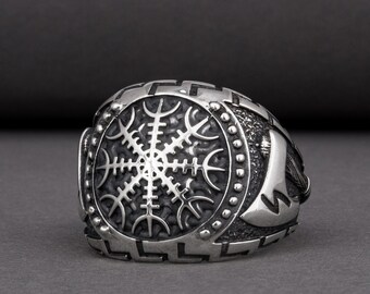 Helm of Awe Ring - Silver Old Norse Jewelry with Helm of Terror Symbol and Viking Axe Handcrafted Aegishjalmur Ring for Warrior