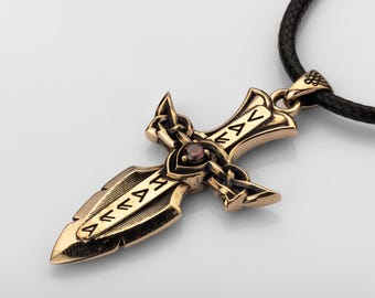 Viking Sword Brass Necklace, Elder Futhark Norse Runes, Valhalla Pendant with Red CZ Gem