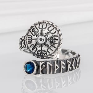 Viking Compass Ring - Vegvisir Jewelry featuring Cubic Zirconia Gem and Norse Runes Handcrafted Elder Futhark Ring for Men and Women