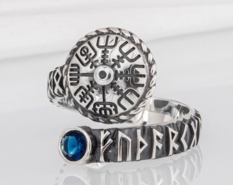 Viking Compass Ring - Vegvisir Jewelry featuring Cubic Zirconia Gem and Norse Runes Handcrafted Elder Futhark Ring for Men and Women