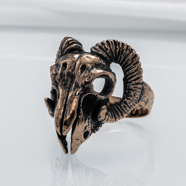 Ram Skull Ring - Bronze Horns Jewelry featuring Animal Skull for Men's Biker Style Skeleton Ring with Wildlife Spirit for Hunters Collection