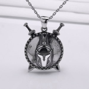 Silver Spartan Necklace - Greek Shield Pendant with Spartan Warrior in Helmet Handmade Historical Jewelry for Grecian Jewelry Lovers