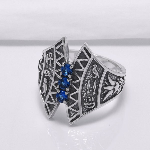 Silver Lotus Ring - Egyptian Jewelry with Hieroglyphics and Lotus Flower Charm Handmade Cartouche Ring of Ancient Egypt