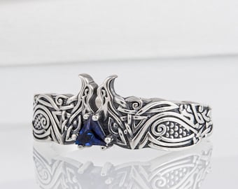 Viking Odin Ravens Ring, Norse Pattern Band, Silver VIking Jewelry, Encrusted with Blue Gem, Handcrafted Ancient Norse Jewelry