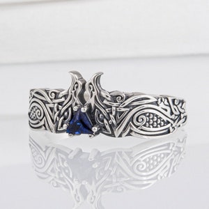 Viking Odin Ravens-ring, Noorse patroonband, zilveren Viking-sieraden, ingelegd met blauwe edelsteen, handgemaakte oud-Noorse sieraden