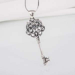 Heraldic Lily Key Pendant, Fleur-de-lis Key Necklace, Solid Silver Key Amulet, Charm Keys and Locks Jewelry, Filigree Vintage Silver Key