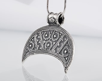 Silver Crescent Necklace - Slavic Amulet with Large Lunula Moon Symbol and Unique Pattern Handcrafted Slavic Pagan Jewelry