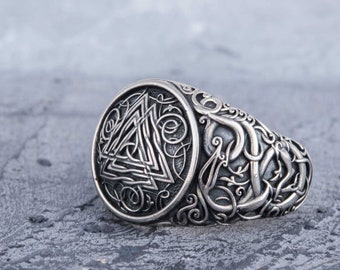 Silver Viking Valknut Ring, Norse Jewelry with Symbols, Nordic Ring with Urnes Ornament, Norse Ornament Jewelry, Silver Scandinavian Rings