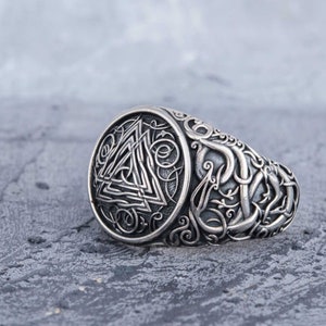 Silver Viking Valknut Ring, Norse Jewelry with Symbols, Nordic Ring with Urnes Ornament, Norse Ornament Jewelry, Silver Scandinavian Rings