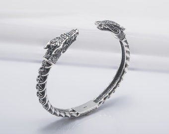 Fenrir Viking Arm Ring, Solid 925 Silver Bracelet, Norse Wolf with Scandinavian and Celtic ornament