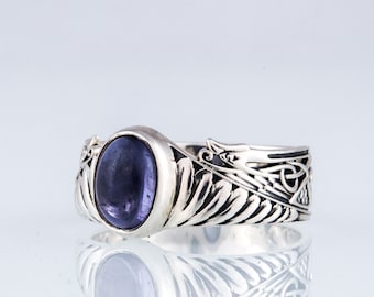 Silver Feather Ring - Bohemian Jewelry Featuring an Oval Gemstone Handcrafted Nature-Inspired Iolite Ring in Boho Chic Style