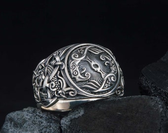 Hugin and Munin Ring, Silver Vikings Ring with Mammen Ornament, Handcrafted Silver Raven Ring, Norse Jewelry, Ravens Ring, Scandinavian Ring