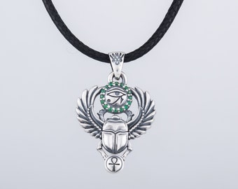 Silver Scarab Pendant - Egyptian Amulet with Eye of Horus Symbol and Ankh Cross Handmade Historical Gift from Ancient Egypt