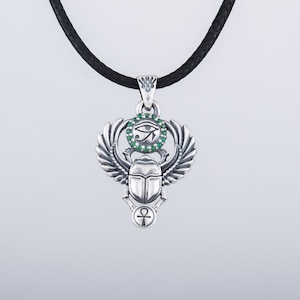 Silver Scarab Pendant - Egyptian Amulet with Eye of Horus Symbol and Ankh Cross Handmade Historical Gift from Ancient Egypt