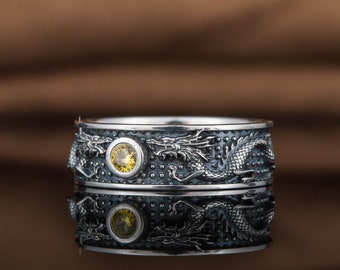 Silver Dragon Ring - Fantasy Ring Design with Yellow Cubic Zirconia and Mythical Charm Handmade Asian-Inspired Design