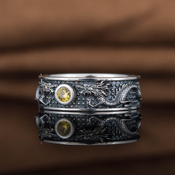 Silver Dragon Ring - Fantasy Ring Design with Yellow Cubic Zirconia and Mythical Charm Handmade Asian-Inspired Design