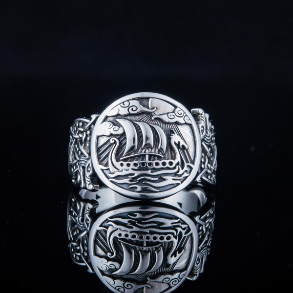 Silver Viking Longship Ring, Wolf Pattern Signet, Silver Norse Drakkar Ring Viking Ship Signet with Scandinavian Symbols and Ornaments