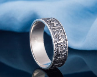 Egyptian Hieroglyphics Ring - Silver Old Egypt Symbols in Historical Design Handcrafted Egyptian Style Ring with Hieroglyphs
