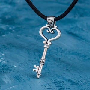 Silver Key Pendant - Antique Skeleton Key Jewelry with Heart Handcrafted Womens Dainty Historical Jewelry