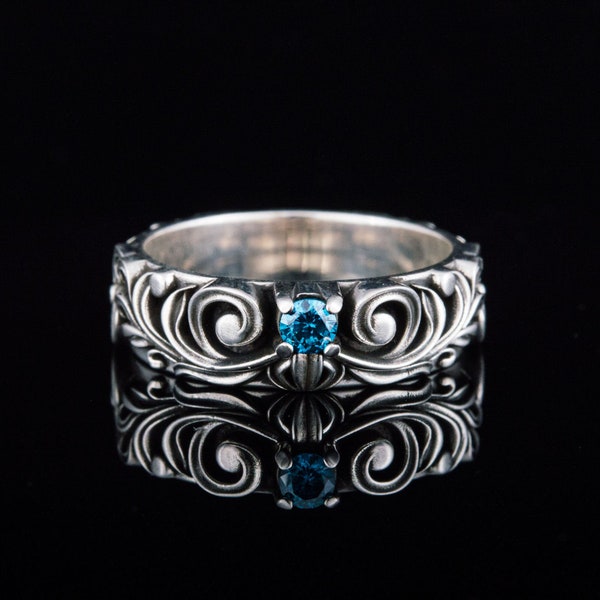 Baroque Ornament Ring, Blue Gem Floral Ornament Ring, Viking Ornament Jewelry, 925 Silver Baroque Jewelry, Silver Band with Flowers