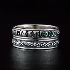 Viking Runes Ring, Double Custom Ring with Norse Elder Futhark Symbols, Handmade Vintage Silver Brutalist Jewelry, Engraved Medieval Ring