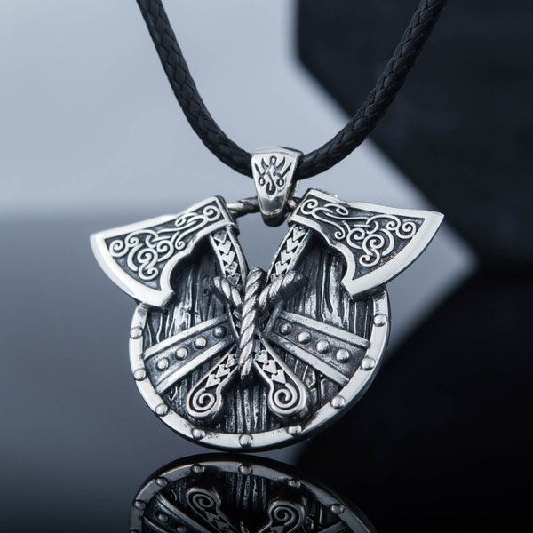 Viking Weapon Pendant - Silver Norse Shield Necklace with Axes Authentic Scandinavian Design with Historical Meaning