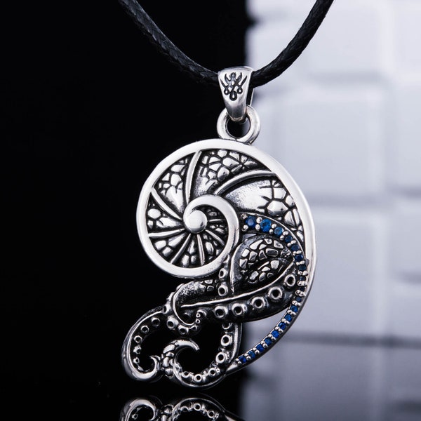 Silver Octopus  Pendant - Handmade Nautical Seaman Necklace with Gemstones, Seashell and Spiral Ratio Symbols the Deep Sea Design Jewelry