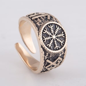 Helm of Awe Ring - Bronze Viking Ring with Hail Odin Runes and Helm of Terror Symbol Design Handcrafted Viking Magic Signet