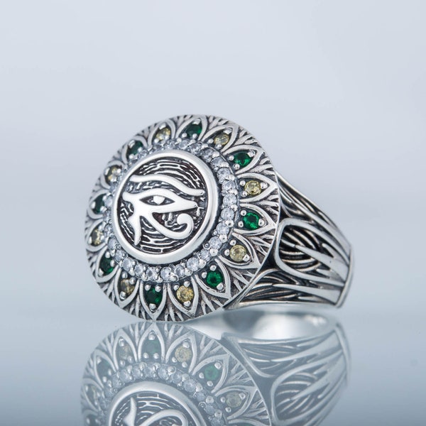 Eye of Horus Ring - Silver Udjat Jewelry with Historical Inspired Design and Cubic Zirconia Gems Handmade Wedjat Eye Amulet of Ancient Egypt