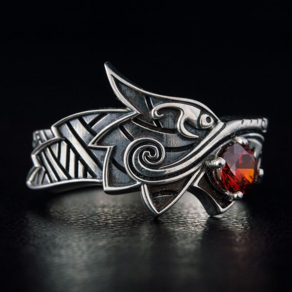 Silver Fenrir Wolf Ring - Handcrafted Viking Jewelry Featuring Red Cubic Zirconia Gemstone and Powerful Norse Mythology Symbol
