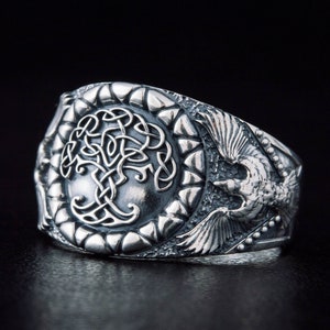 Tree of Life Ring, Yggdrasil Ring, Viking Ring with Raven Symbol, Celtic Signet Ring, Raven Ring, Viking Ring, Scandinavian Men Jewelry