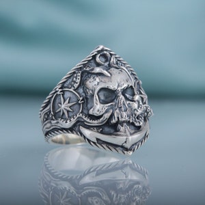 Pirate Skull Seaman Silver Ring with Anchor and Compass, Pirate Marine Solid Silver Signet with Windrose and Octopus and Sailor Skull