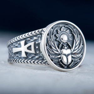 Scarab Ring with Sun, Egypt Beetle Ring, Ring with Ankh, Ring with Scarabeus Symbol, Handmade Silver Jewelry, Egyptian Ring with Scarab