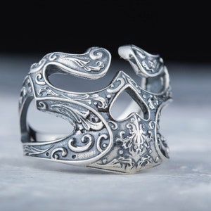 Silver Mask Ring - Gothic Mens Jewelry with Brutal Punk Rock Aesthetic Handcrafted Skull Design Signet for Unique Biker Style