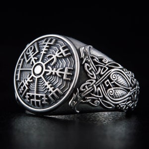 Silver Viking Vegvisir Ring - Handmade Old Norse Men's Jewelry with Powerful Runic Compass Symbol and  Intricate Scandinavian Pattern