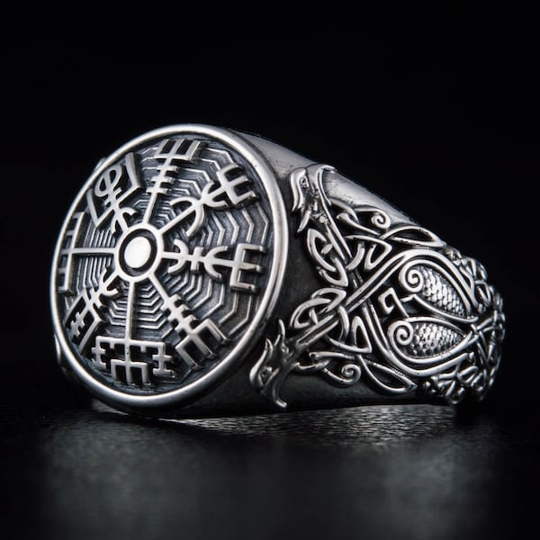 Silver Viking Vegvisir Ring - Handmade Old Norse Men's Jewelry with Powerful Runic Compass Symbol and  Intricate Scandinavian Pattern