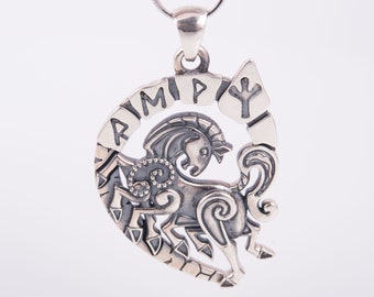 May include: Silver pendant featuring a stylized horse with intricate details, surrounded by runes and a symbol. The pendant is on a silver chain.