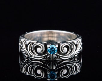 Baroque Ornament Ring, Blue Gem Floral Ornament Ring, Viking Ornament Jewelry, 925 Silver Baroque Jewelry, Silver Band with Flowers