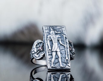 Silver Anubis Ring - Ancient Egypt Inspired Jewelry Handcrafted Historical Signet Ring with Anubis God Design and Red Swarovski Gems