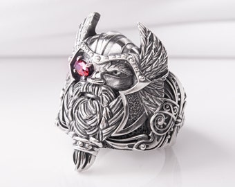 Handcrafted 925 Silver Odin Allfather Viking Ring - Detailed Ornament Design with Red Cubic Zirconium Gem - Unique Norse Jewelry for Men