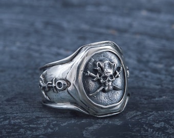 Silver Pirate Ring with Skull and Crossbones, Anchor Signet with Jolly Roger Symbol, 925 Silver Pirate Jewelry, Gift for Seaman Husband